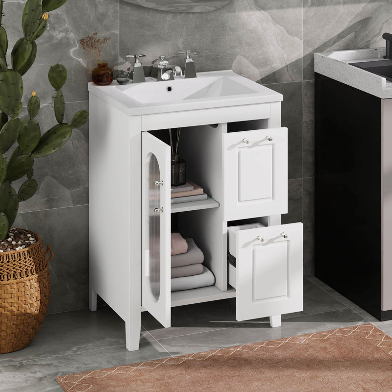 Meuble-lavabo de salle de bain 24 po avec lavabo en céramique, 1 porte en verre, 2 tiroirs à fermeture douce et tablette réglable