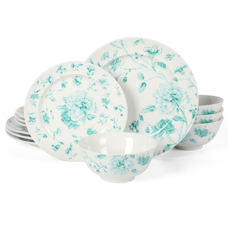 Martha Stewart Porcelain China Dinnerware Set - Service for 4, Teal Floral