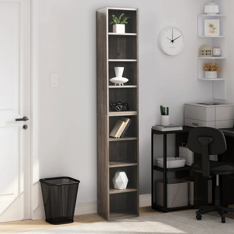 Bibliothèque étroite H 71 "à 8 étages avec tablettes réglables, Brun