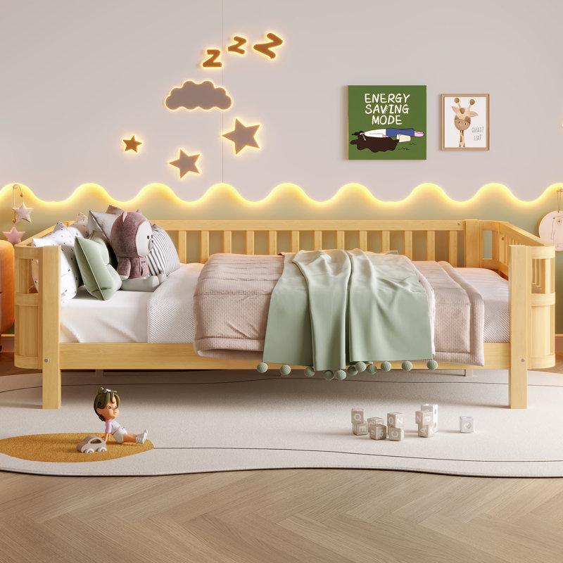 Solid Wood Montessori Bed With Detachable Side Fences And Safety Rails, Kids Daybed Frame For Boys’ And Girls’ Bedroom, Low Profile & Rounded Corners Design