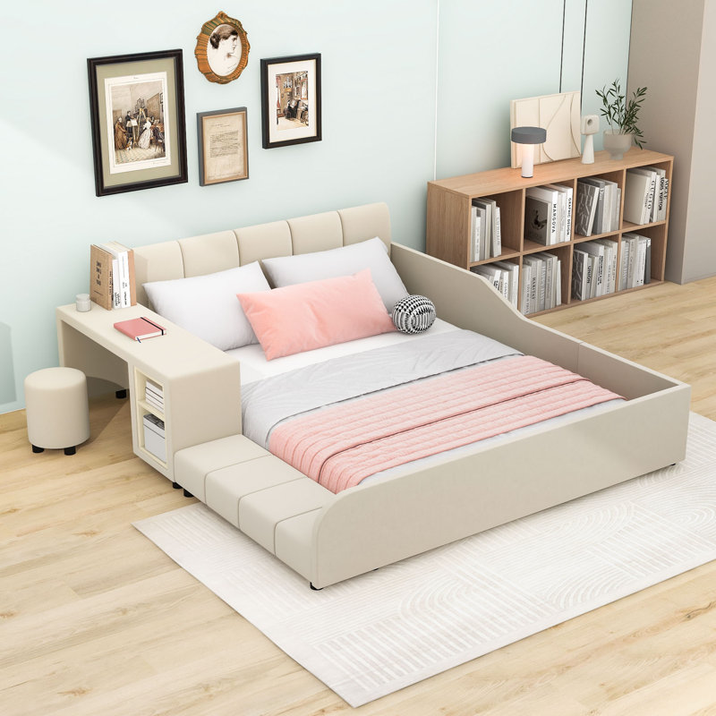 Lit plateforme en velours avec bureau Wakeeny, Grand, Beige