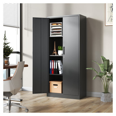 71"H Heavy Duty Metal Garage Storage Cabinet with Locking Doors - Black Steel Cabinet with 3 Adjustable Shelves, Tall Secure Storage Cabinet for Garage, Home Office, and Pantry Organization