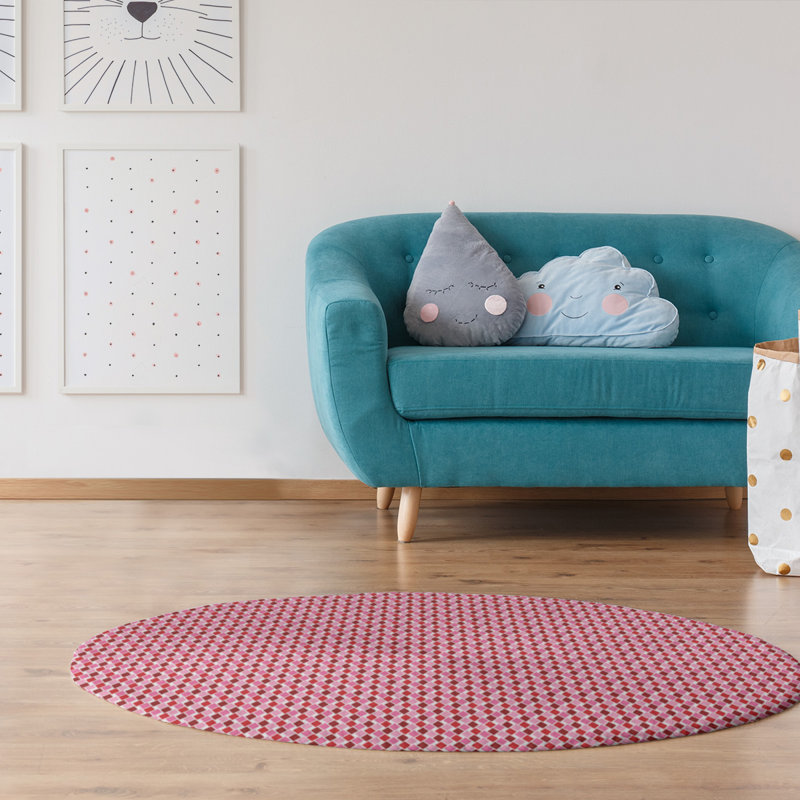 Tapis rose/rouge/brun fait main géométrique, Rond 5 pi