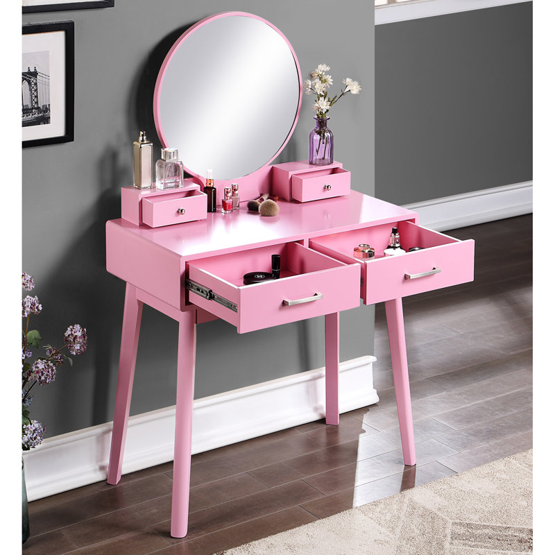 Pink Vanity And Seat - Contemporary Design With Round Mirror Cushion Wood Stool Tapered Legs, Pink