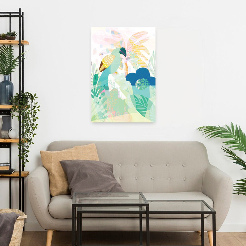 «Layered Tropics» 1, oiseau tropical contemporain, art tropical, H 24 po x l 16 po