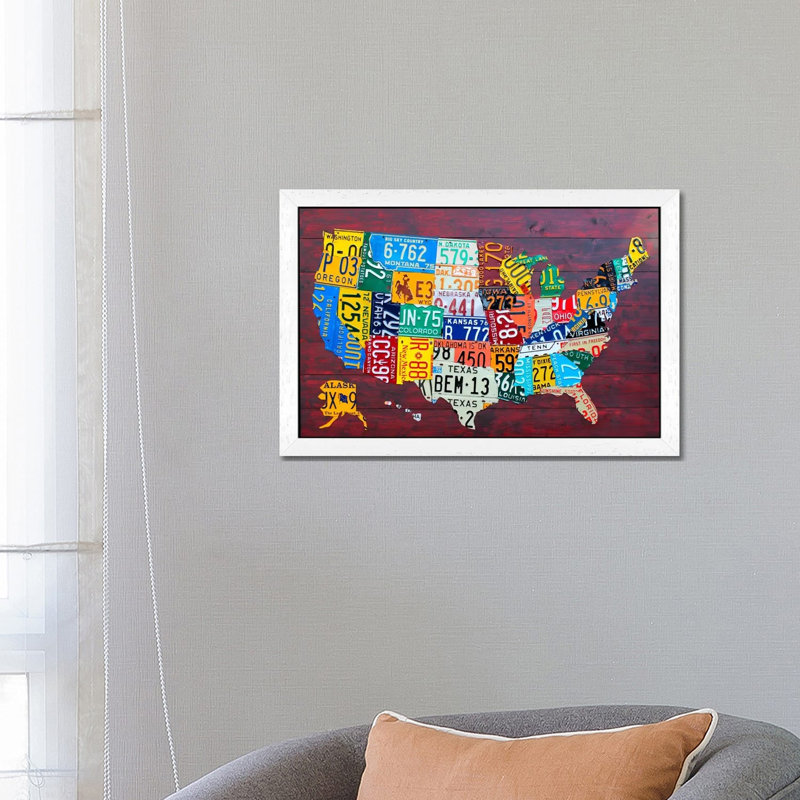 Usa Recycled License Plate Map Vii by Design Turnpike - Print on Canvas, 66.04 cm H x 45.72 cm W, White Framed