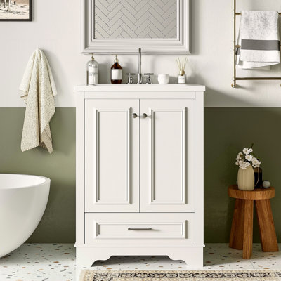Meuble-lavabo 24 po avec lavabo en céramique, armoire de rangement autoportante moderne avec poignées argentées, portes à fermeture douce