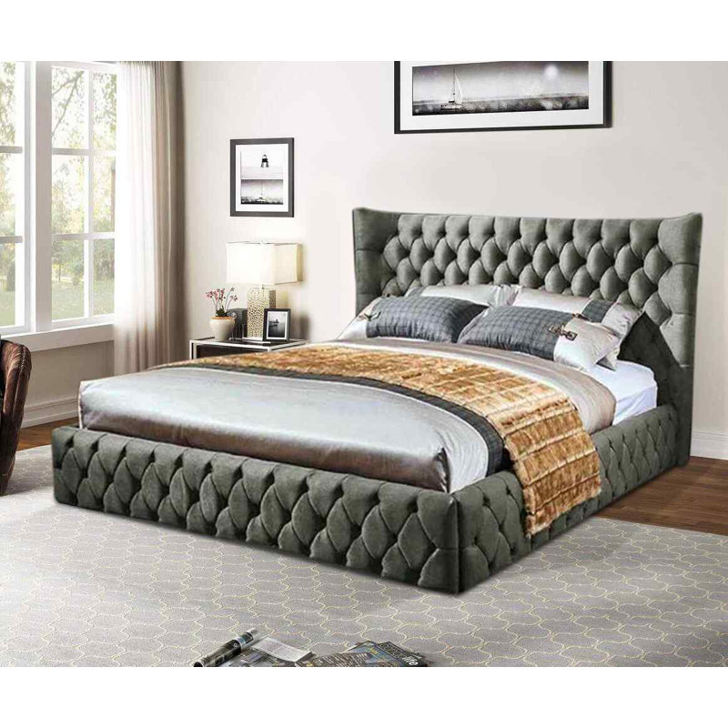 Upholstered Velvet Bed, Double (4'6), Silver