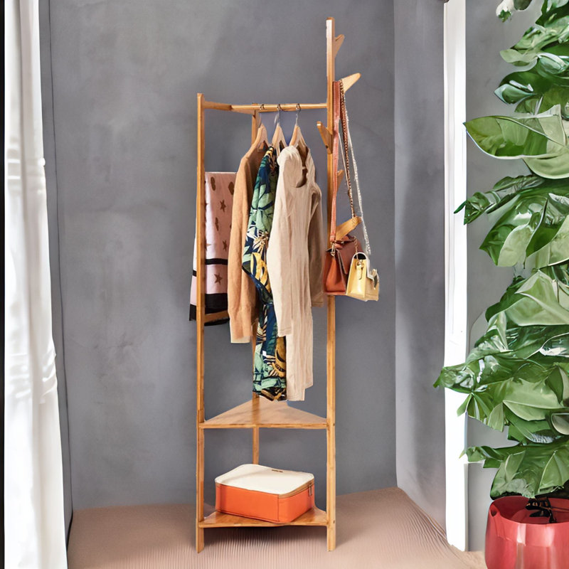 Auryana Bamboo Coat Rack Stand With 4 Hooks & 2 Shelves Hallway Living Room Furniture