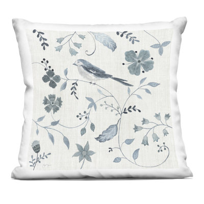 Coussin décoratif à motif de fleurs et d'oiseaux perchés, imprimé par Janet Tava