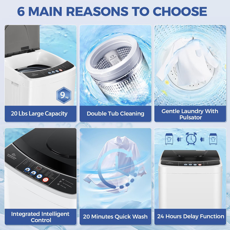 2.8 Cu.Ft Portable Washing Machine 20Lbs Portable Washer With Drain Pump, Compact Washer Machine With 10 Programs 8 Water Levels Compact Laundry Machine For Apartment, Home, Dorms, Rv