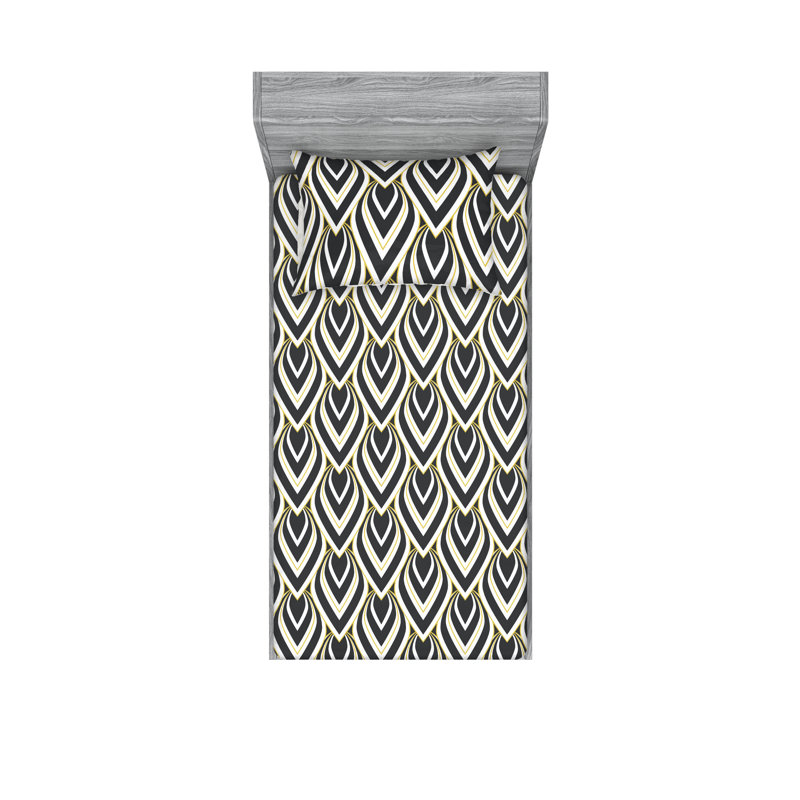 Ambesonne Fitted Sheet & Shams, Twin Sheet Set with 1 Pillowcase, Charcoal Gray/Mustard Abstract