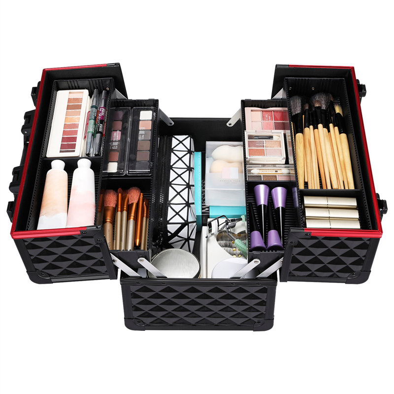 Professional Cosmetic Case Lockable Makeup Box Beauty Travel Case, Red/Black