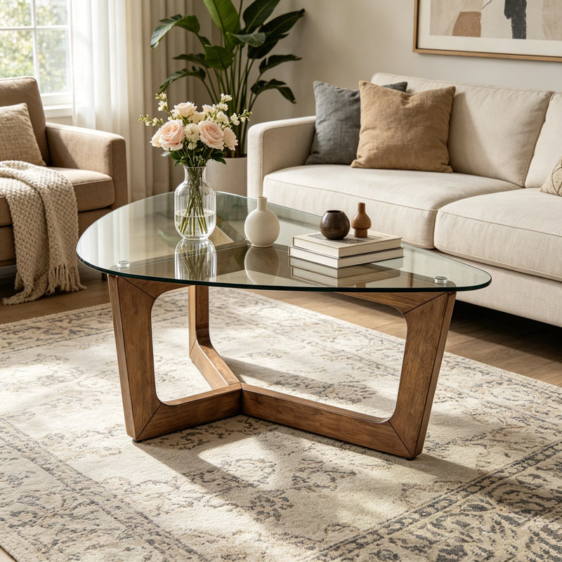 Une table basse triangulaire unique avec des lignes simples et soignées, pouvant être placée dans divers espaces domestiques