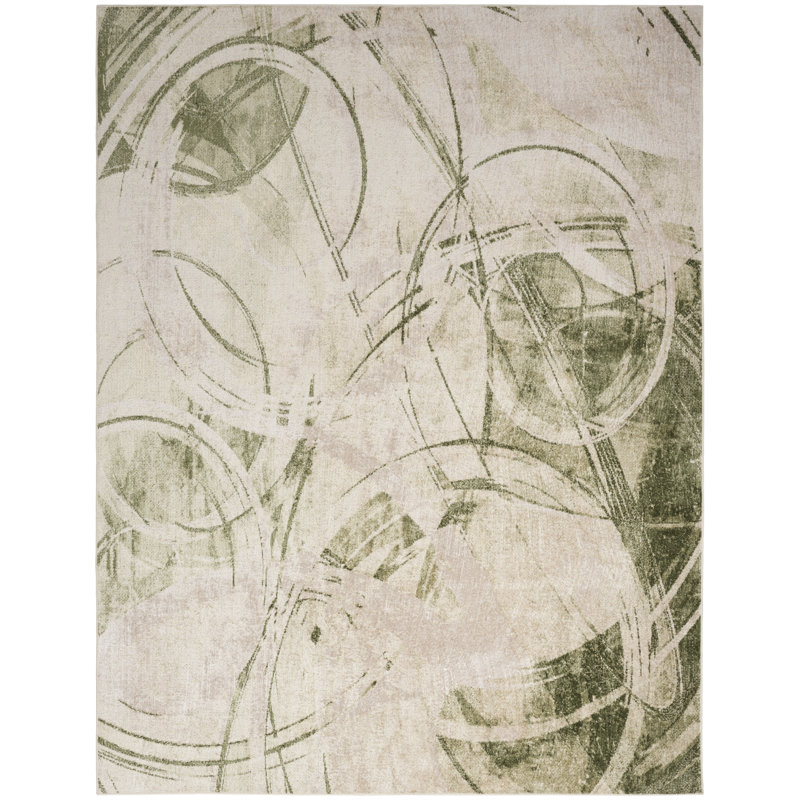 Astra Machine Washable Beige Green Modern Indoor Rug, Rectangle 6'7" x 9'
