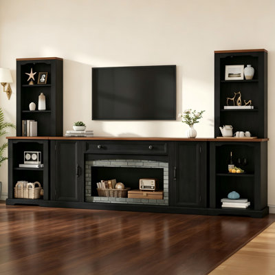 Black Walnut 3-Piece TV Cabinet Set: Curved Side Cabinets + Adjustable Shelves — Farmhouse-Style Living Room Entertainment Center