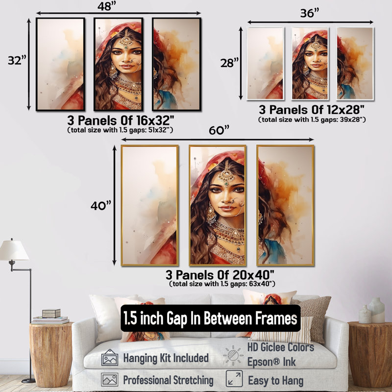 Art indien sur toile, femme indienne, Cadre flottant noir, H 40 po x l 61 po