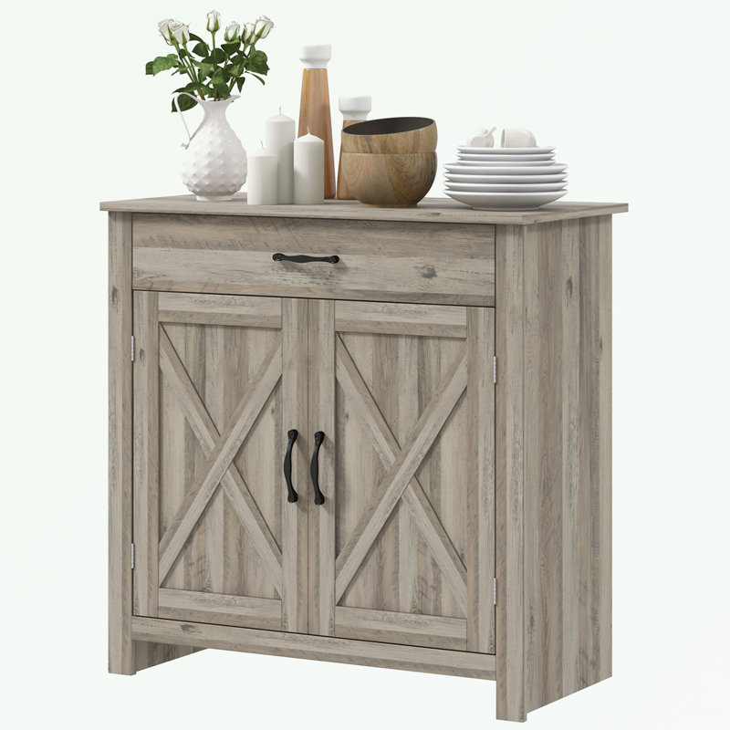 Buffet Farmhouse, armoire à café avec porte de grange et tablette réglable, Gris délavé