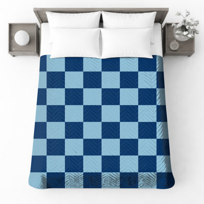 Blue Checkerboard Pattern Quilted Thin Bedspread