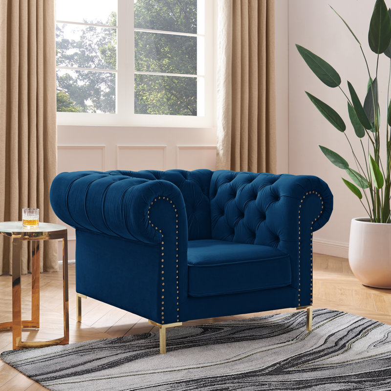 Fauteuil Chesterfield 39 po en velours gris et doré, Velours marine