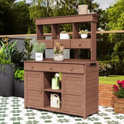 Spacious Fir Wood Outdoor Potting Bench with Ample Storage, Adjustable Shelves and Safety Feature