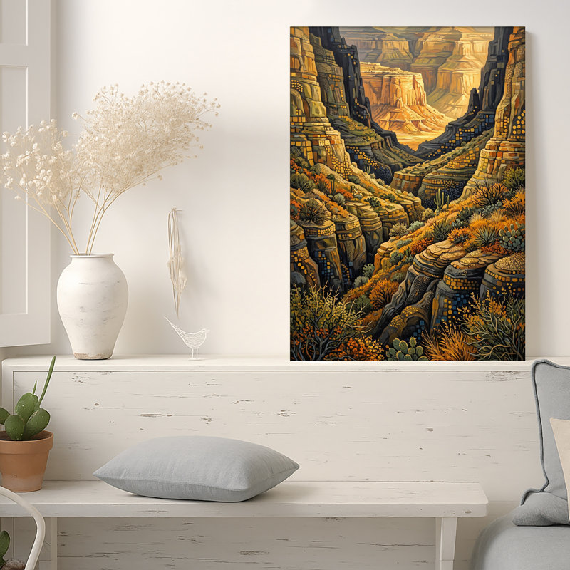 «Geometric Canyon Landscape», art mural sur toile avec cactus et lumière dorée, H 40 po x l 28 po