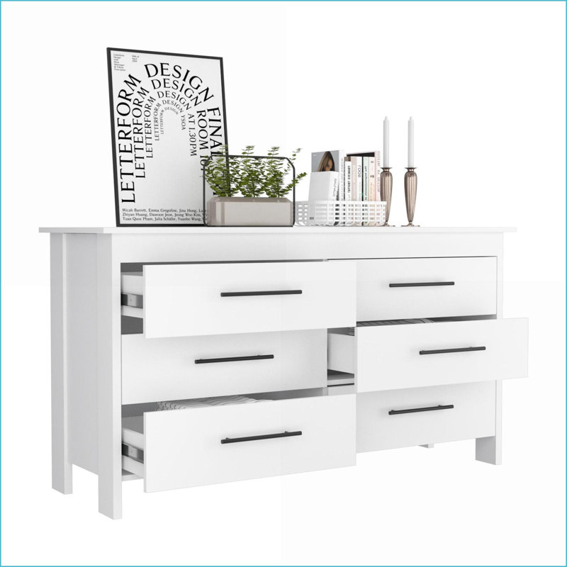 Commode double à 6 tiroirs avec poignées en métal noir, toutes les glissières en métal, H 31,7 po | Blanc | Panneau de particules