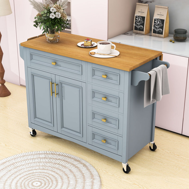 Kitchen Island with Drop Leaf, Embossed Texture Kitchen Island on Wheels with 2 Doors and 5 Drawers, Blue/Gray