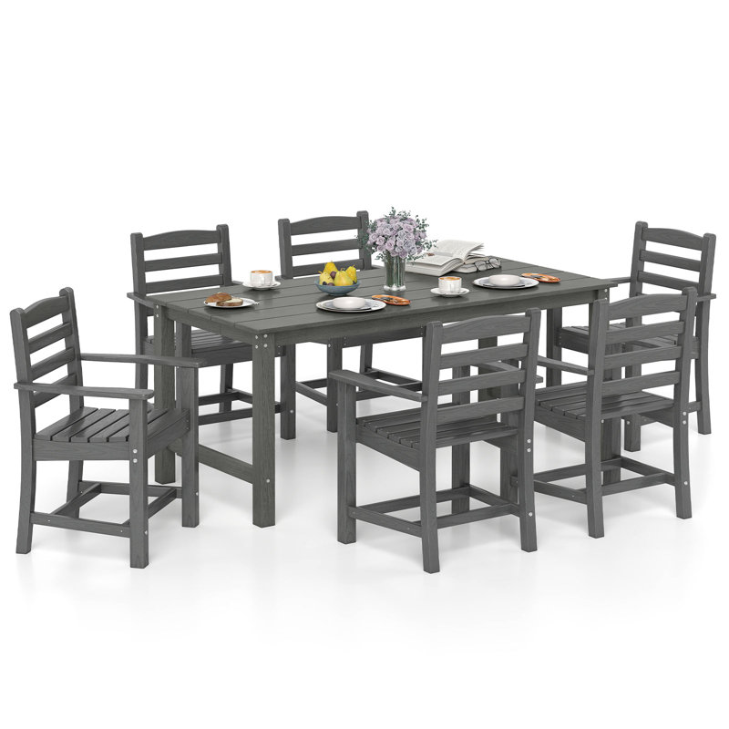 Ensemble de 7 tables de salle à manger d'extérieur pour 6 personnes, table rectangulaire et 6 fauteuils gris, Gris