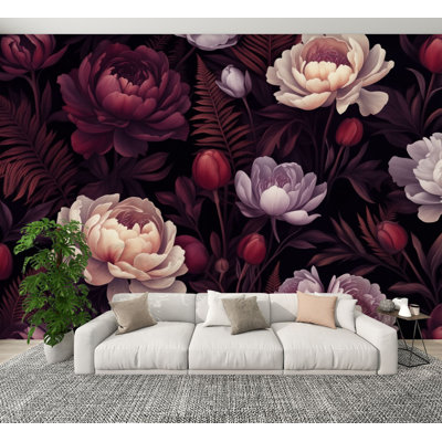 Vintage Peel and Stick Wallpaper Elegant Floral Dark Rich Purple Pink Burgundy Blooms Wall Murals 100"H x 144"W Removable PVC Wall Paper Self-Adhesive Wall Decor for Bedroom Living Room