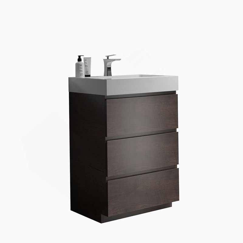 Meuble-lavabo autoportant en noyer avec grand lavabo, Espresso, 24", Blanc