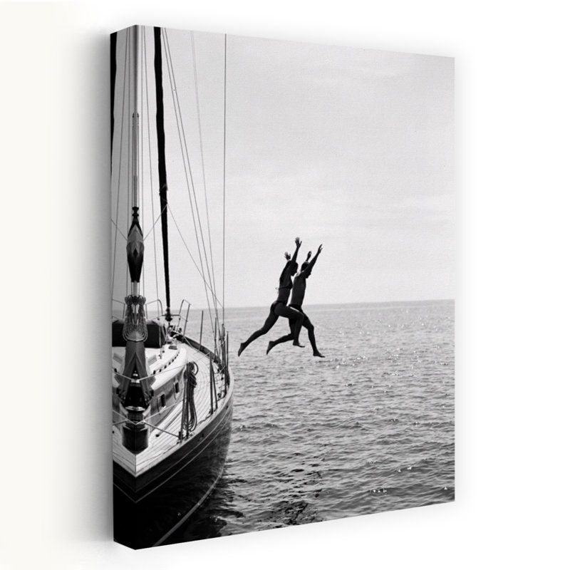 Art mural d'été contemporain sautant d'un bateau, H 18 po x l 12 po
