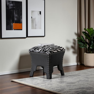 Koa Upholstered Cow-Print Accent Stool with Nailheads in Brown, 17.51" H X 15.64" W X 15.64" D