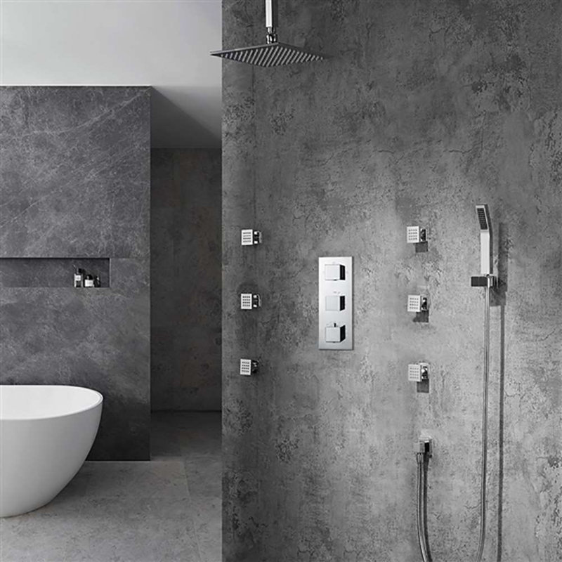 BathSelect Perugia 16-Inch Ceiling Mount LED Rainfall Shower System with Body Jets, Handheld Shower & Thermostatic Valve – Chrome Finish