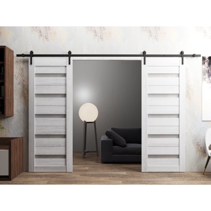 Porte de grange double robuste | Chêne cognac Quadro 4445 avec verre givré | Ensemble de 13 cintres lourds pour rail, Blanc