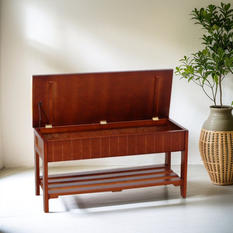 Banc à chaussures en bois massif avec rangement, Cerisier
