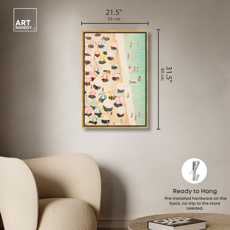 «Beach Coastline Fun», art moderne sur toile par Art Remedy, Cadre doré, H 31 po x l 21 po
