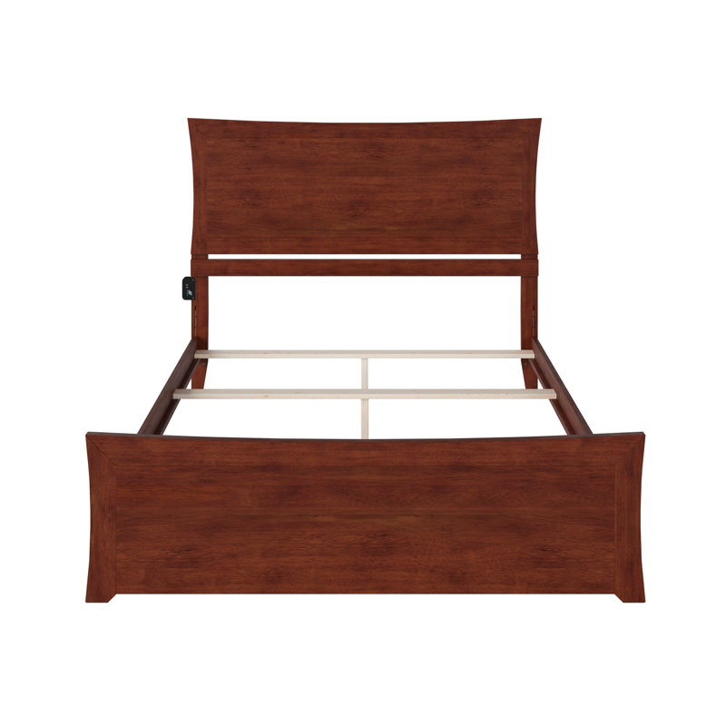 Daury Solid Wood Foundation Bed with Matching Footboard and Built-in Charging Station, Full, Walnut