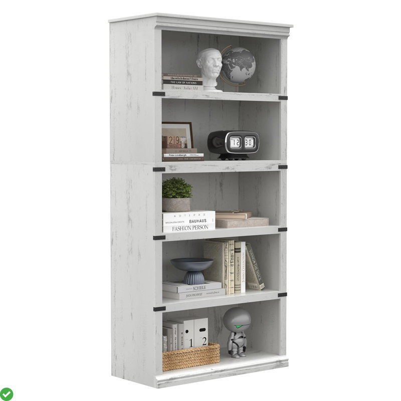 Bibliothèque à 5 niveaux peu encombrante - tablettes de rangement à grain de bois H 67,4 ", profil moderne, Blanc