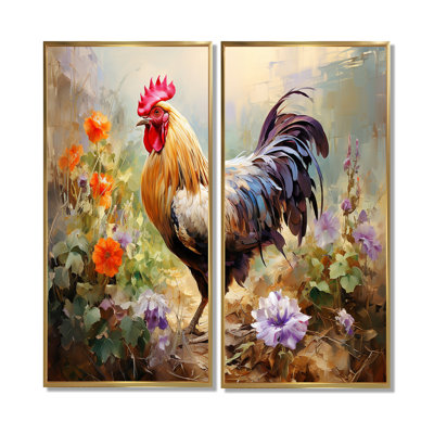 Red Melody Roosters Flower Gardens - Large Rooster Wall Art
