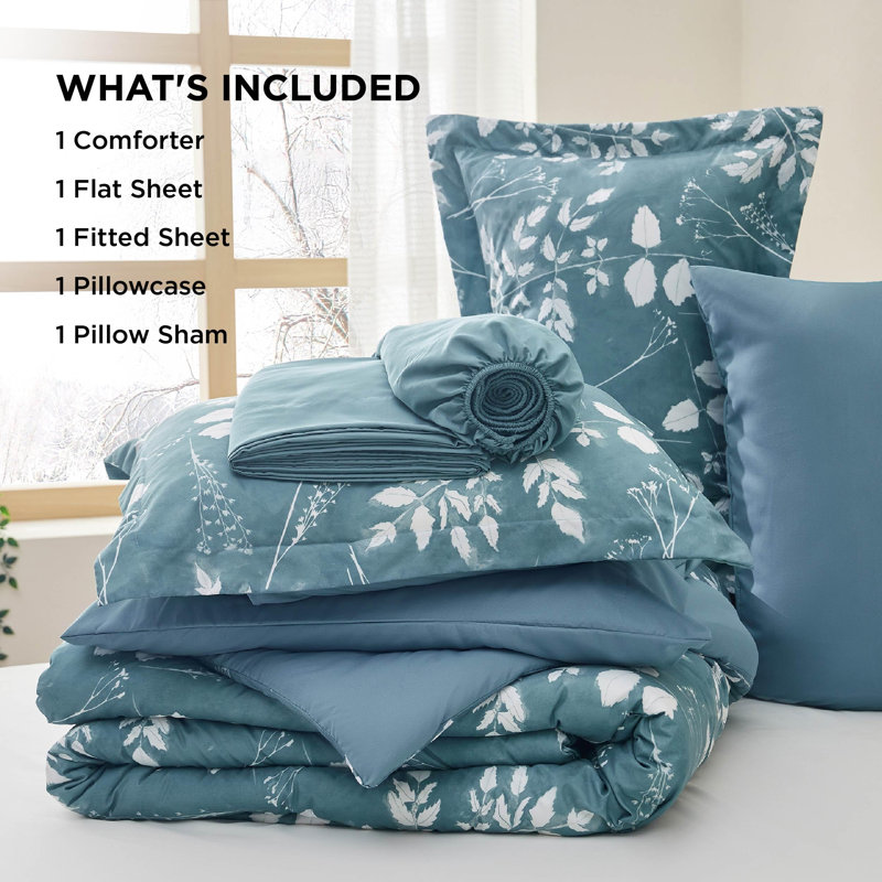 Bedsure Bed in a Bag - Reversible Flroal & Plant Pattern Printed with Comforters, Sheets, Pillowcases & Shams, 89GSM, Gray