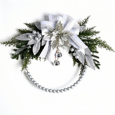Couronnes de Noël de 15,7 pouces pour la porte d'entrée, couronne de poinsettia, baies, boules, couronne de Noël avec fausse herbe de pampa blanche, récif de porte pour les murs de foyers de fenêtres, porche intérieur et extérieur