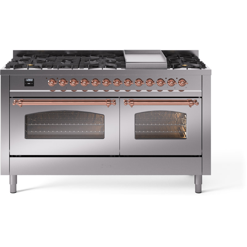 ILVE Nostalgie II 60 Dual Fuel Range, 9 Burners, Griddle, Liquid Propane, Stainless Steel/Copper