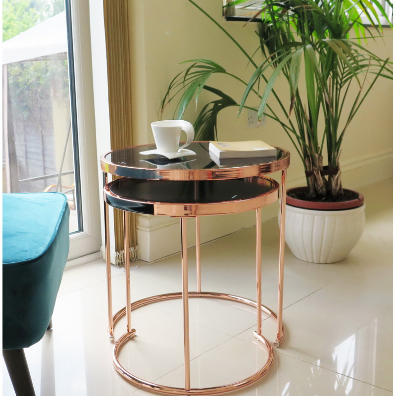 Middlewich Glass Top Frame Nesting Tables, Copper, Black Glass
