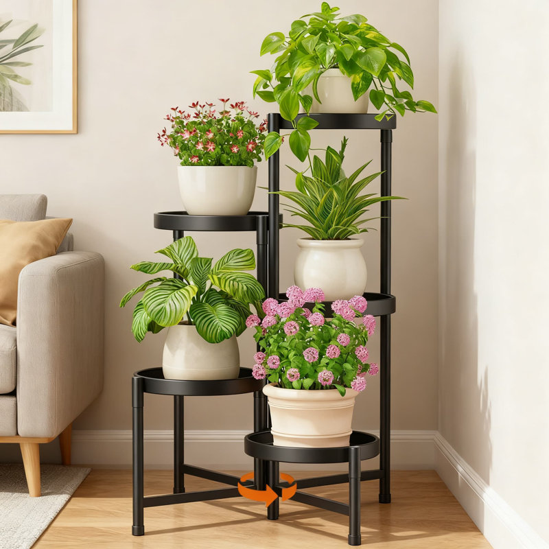 Support à plantes pliable à 5 niveaux pour plantes d'intérieur avec plateaux de 10 pouces de large, organisateur de tablette réglable en métal robuste pour petits espaces, support vertical robuste et résistant à la rouille