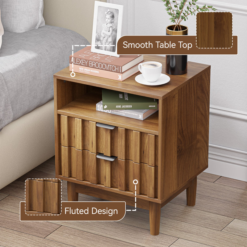 19'' W Fluted Nightstand with 2 Storage Drawers, 1 Open Shelf, Walnut, Set of 2