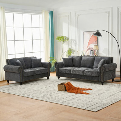 86" Modern 3-Seater Sofa With Rolled Arms,Chenille Upholstered Couch With Wood Legs And Nailhead Trim For Living Room, Apartment