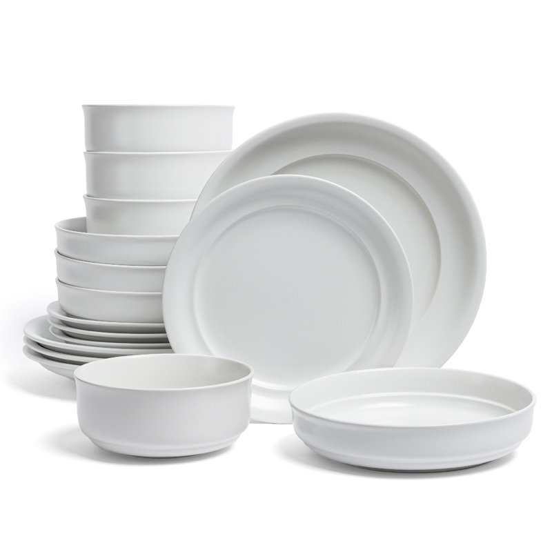 over&back Rimmed 16-Piece Semi Hand-Finished Stoneware Dinnerware Set, Service for 4, White
