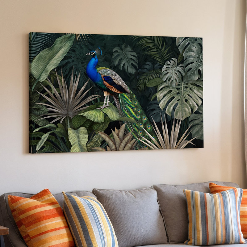 Toile Une scène de jungle luxuriante avec un paon élégamment perché au milieu d'un art mural, H 20 po x l 20 po