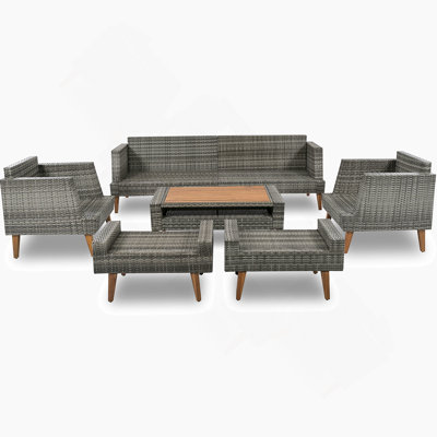6-Pieces All Weather PE Wicker Sofa Set, Outdoor Rattan Sofa With Double Cushions, Wood Legs Wood Table Top, Beige And Gray